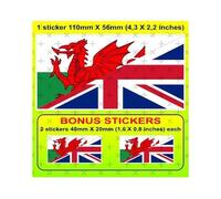 Wales-United Kingdom Flag, Welsh Red Dragon & British Union Jack Combination, Cymru-UK 110mm Vinyl Bumper Sticker, Decal x1 + 2 Bonus