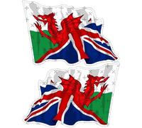 Wales-United Kingdom Flag, Welsh Red Dragon & British Union Jack Combination, Cymru-UK Waving Flag, 75mm (Approx. 3") Vinyl Stickers, Decals x2 (Left-Right)
