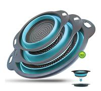 WALFOS® Foldable Colander Kitchen Silicone Foldable Colander Pasta Sieve Set, Kitchen Strainer Washing Bowl of Pasta, Fruit, Vegetables, Blue 3 Sizes (24.6 + 29.2 + 34 cm)