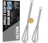 Walfos Mini Whisk,Non-Rust Whisk,304 Stainless steel Small Whisk.Heat Resistant 450℉.6+8Inch Tiny whisk Nice for Whisking, Blending Ingredients, Beating, Mixing Sauces (Silver)