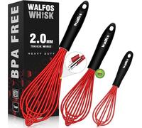Walfos Pack of 3 Red Silicone Whisks, 8.5 Inch, 10.5 Inch, 12 Inch, Stainless Steel, Silicone, Balloon, Kitchen, Whisk, Beating, Frothing, Stirring