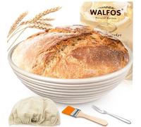 Walfos® Proofing Basket, Proofing Basket for Bread Baking Set, Round Banneton Diameter 25 cm, Includes 100% Natural Rattan, Brush, Bread Fork and Linen Cover, Ideal for Home and Professional Bakers