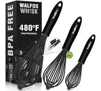 Walfos Silicone Whisk,Stainless Steel Wire Whisk Set of 3 -Heat Resistant 480°F Kitchen Whisks for Non-stick Cookware,Balloon Egg Beater Perfect for Blending,Whisking,Beating,Frothing & Stirring,Black