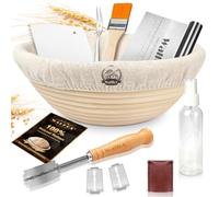 Walfos Sourdough Starter kit, Round Banneton Proofing Basket 23cm,100% Natural Rattan, Bread Proofing Baskets Set, Included Bread Lame, Dough Scraper, Cleaning Brush & Bread Fork, Spray Bottle