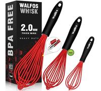 Walfos Whisk,Silicone Whisks- Heat Resistant(480°F) Silicone Whisks for Cooking Non Scratch,BPA free and Dishwasher Safe.Perfect for Blending,Whisking,Beating, Set of 3(Red)