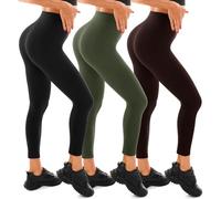 Walifrey 3 Pack Gym Leggings for Women, High Waisted Non See-Through Black Soft Workout Yoga Pants Black/Army Green/Brown L-XL