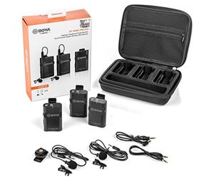 Walimex pro Boya WM4 Pro K-2 Microphone Set of 3-Powerful Wireless Microphone Set with 2Lavalier Microphones,2Transmitters and 1Receiver up to 60 Meters,35Hz-14kHz for Video Rotation,Dokus,Reportage