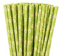 Waline 100Pcs Flower Drinking Straws - Green Boho Daisy Disposable Paper Straws for Summer Birthday Baby Shower Party Supplies Juices Shakes Cocktail Decoration