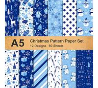 Waline 12 Designs Christmas Pattern Paper Set - A5 Size, 60 Sheets, Snowflake, Snowman, Winter Bear, Glossy, White & Blue, Double-Sided for Card Making & Scrapbooking