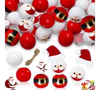 Waline 150 Pcs Christmas Wooden Round Craft Beads - Santa Claus Theme Xmas Hat Shape Santa Belt Rustic Red White Spacer Beads with Hemp Rope for Xmas Holiday Garland DIY Craft Home Party Decor