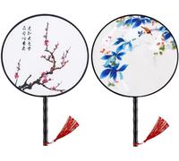 Waline 2 Pack Chinese Round Fan - Ancient Hand Fan With Translucent Silk, Pink Blue Traditional Palace Paddle Design, Vintage Double-Sided Pattern For Wedding Favor, Home Decor
