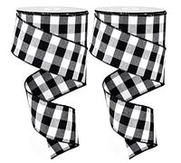 Waline 2 Rolls Wired Edge Plaid Ribbon - Buffalo Check, White Black Plaid, 2.5" Wide Farmhouse Craft Ribbon for DIY Gift Wrapping, Wreath, Xmas Tree Bow Decoration, 40 Yard