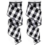 Waline 2 Rolls Wired Edge Plaid Ribbon - Buffalo Check, White Black Plaid, 2.5" Wide Farmhouse Craft Ribbon for DIY Gift Wrapping, Wreath, Xmas Tree Bow Decoration, 10 Yard