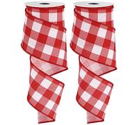 Waline 2 Rolls Wired Edge Plaids Red White Plaids Ribbon 2.5 Inch Farmhouse Craft Ribbon for DIY Gift Wrapping Wreath Christmas Tree Bow Decoration, 10 Yards