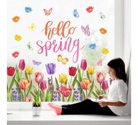 Waline Hello Spring Window Clings - Colorful Tulip Flowers Butterfly Decals - Double-Sided Seasonal Floral Decor for Shop Office School Party Supplies