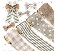Waline Wired Edge Ribbon - 4 Rolls White Polka Dots Plaid Stripe - Rustic Farmhouse Craft Ribbon for DIY Gift Wrapping Wreath Floral Arrangement Bow Craft Decor, 2.5In x 20 Yard