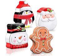 Waline Xmas Card Holder Containers, Assorted Metal Cookie Tin Boxes with Lid, Party Decor Supplies - Santa Claus, Snowman, Gingerbread, Penguin, 4 Pack