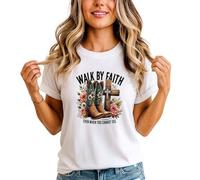 Walk By Faith Even When You Cannot See 2 Corinthians 5:7 Womens Graphic T-Shirt Christian Cowboy Boots Religious Tee L (16-18) White