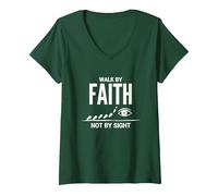 Walk by Faith Not by Sight Inspirational Christian Quote V-Neck T-Shirt, Women, Forest Green, M