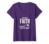 Walk by Faith Not by Sight Inspirational Christian Quote V-Neck T-Shirt, Women, Purple, L