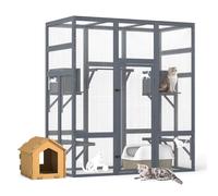 Walk-in Multi-Level Outdoor Catio Wooden Enclosure with 6 Jumping Platforms & 2 Resting Box, Large Cat House Outdoor,Accommodate Up to 5-7 Cats(177.8 * 82.3 * 158.5cm)