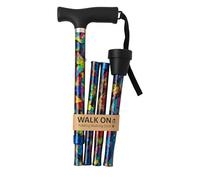 Walk On Folding Walking Stick, Adjustable Height, T-Handle with Wrist Strap, Petite and Long Sizes (Butterfly, Long)