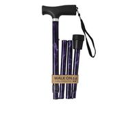 Walk On Folding Walking Stick, Adjustable Height, T-Handle with Wrist Strap, Petite and Long Sizes (Purple Marble, Petite)