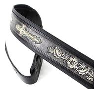 Walker and Williams KB-02-BLK Distressed Black Carving Leather Padded Strap With Floral Skull & Cross