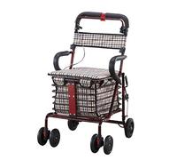 Walker,Folding Shopping Cart Trolley Elderly Helper Folding Wheelchair Six-Wheeled Seat with A Grocery Shopping Cart,Walker for The Seniors 80 Kg Load Walker,Wine Red