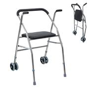 Walker Frame with Wheels and Seat, Stainless Steel Compact Folding Mobility Aid, 5-Level Height Adjustable Non-Slip Rubber Ferrules for Elderly and Adult