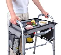 Walker Tray for Folding Walkers with Cup Holder & Side Pocket, Raised Edge & Non-Slip Surface Hard Walker Table for Seniors, Clip-On Tool Free Clip-On Tool Free Walker Accessory for Meals, Reading