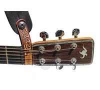 Walker & Williams AT-2 Brown Carving Leather Acoustic Guitar Strap Button Headstock Adaptor