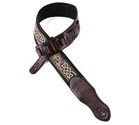 Walker & Williams KB-05-BRN Dark Walnut Full Grain Center Block Carving Leather Padded Guitar Strap With Aged White Celtic Chain, Brown