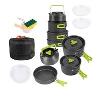 Walkervo Camp Cooking Utensil Set Outdoor Kitchen Gear Cookware Kit for 4-5 Person Non-Stick Lightweight Compact Pots Set with 1.1L Kettle Survival Cooking Kit for Outdoor Picnic Hiking Picnic,Green