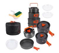 Walkervo Camp Cooking Utensil Set Outdoor Kitchen Gear Cookware Kit for 4-5 Person Non-Stick Lightweight Compact Pots Set with 1.1L Kettle Survival Cooking Kit for Outdoor Picnic Hiking Picnic,Orange