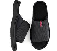 WALKFUN Lightweight House Slippers for Men Open Toe Soft Indoor Slip on Mens Slides Sandals with Memory Foam for Bedroom Patio，All Seasons, Grey Black, 10-11