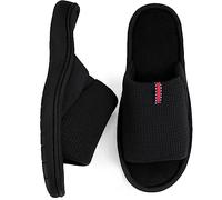 WALKFUN Lightweight House Slippers for Men Open Toe Soft Indoor Slip on Mens Slides Sandals with Memory Foam for Bedroom Patio，All Seasons, Black, 10-11