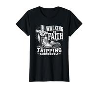 Walking By Faith Tripping Constantly Christian Value Graphic T-Shirt, Women, Black, M