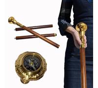 Walking Cane with Brass Compass Handle - Wooden Collectible Stick for Men & Women - 3-Part Detachable 37" Shaft - Vintage Decorative Cane for Gift, Costume, or Daily Use
