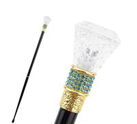 Walking Cane with Crystal Diamond Handle, Black Shaft, Gold Accent, Blue Rhinestone Embellished