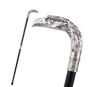 Walking Cane with Eagle Head Handle, Silver Metal, Black Shaft, Decorative Ornate Design