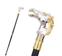 Walking Cane with Horse Head Handle, Silver and Gold, Decorative Metal Handle, Black Shaft, Elegant Design
