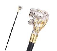 Walking Cane with Lion Head Handle, Silver and Gold, Black Shaft, Decorative Ornate Design