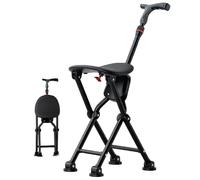 Walking Cane with Seat Folding Lightweight Cane Chair Foldable for Seniors Aluminum Alloy Portable Anti-Slip Height Adjustable(Black)