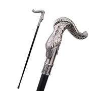 Walking Cane with Serpent Handle, Silver, Black Shaft, Decorative Metal Design, Mobility Support