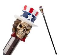 Walking Cane with Uncle Sam Skull Handle, Patriotic Theme, Red White Blue Stars and Stripes Hat, Black Shaft