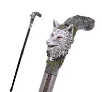 Walking Cane with Wolf Head Handle, Silver, Red Eyes, Decorative Leaves, Black Shaft, Mobility Support