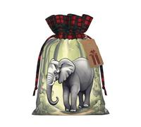 Walking Elephant Holiday Printed Drawstring Pouch M, Polyester Holiday Storage Pouch With Tag
