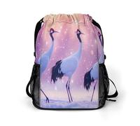 Walking Japanese Cranes Gym Bag with Shoe Compartment 30L Backpack | Personalised Drawstring Bags for Men Women Workout Travel Water Resistant String Backpack