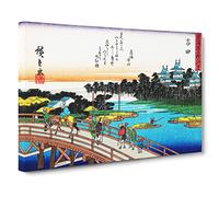 Walking Over The Bridge By Utagawa Hiroshige Asian Japanese Canvas Wall Art Print Ready to Hang, Framed Picture for Living Room Bedroom Home Office Décor, 30x20 Inch (76x50 cm)